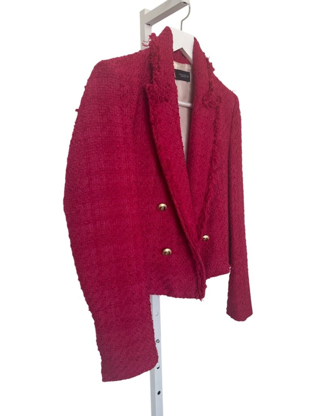Zara Double-Breasted Tweed Blazer In Fuchsia With Frayed Edges & Gold Buttons - Picture 8 of 13